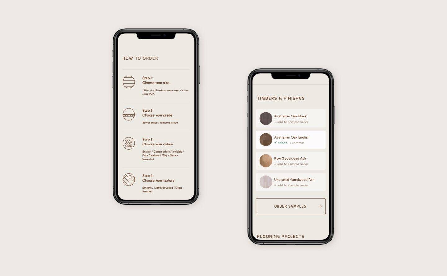 Two smartphones both displaying the Australian Sustainable Hardwood's order a sample webpage.