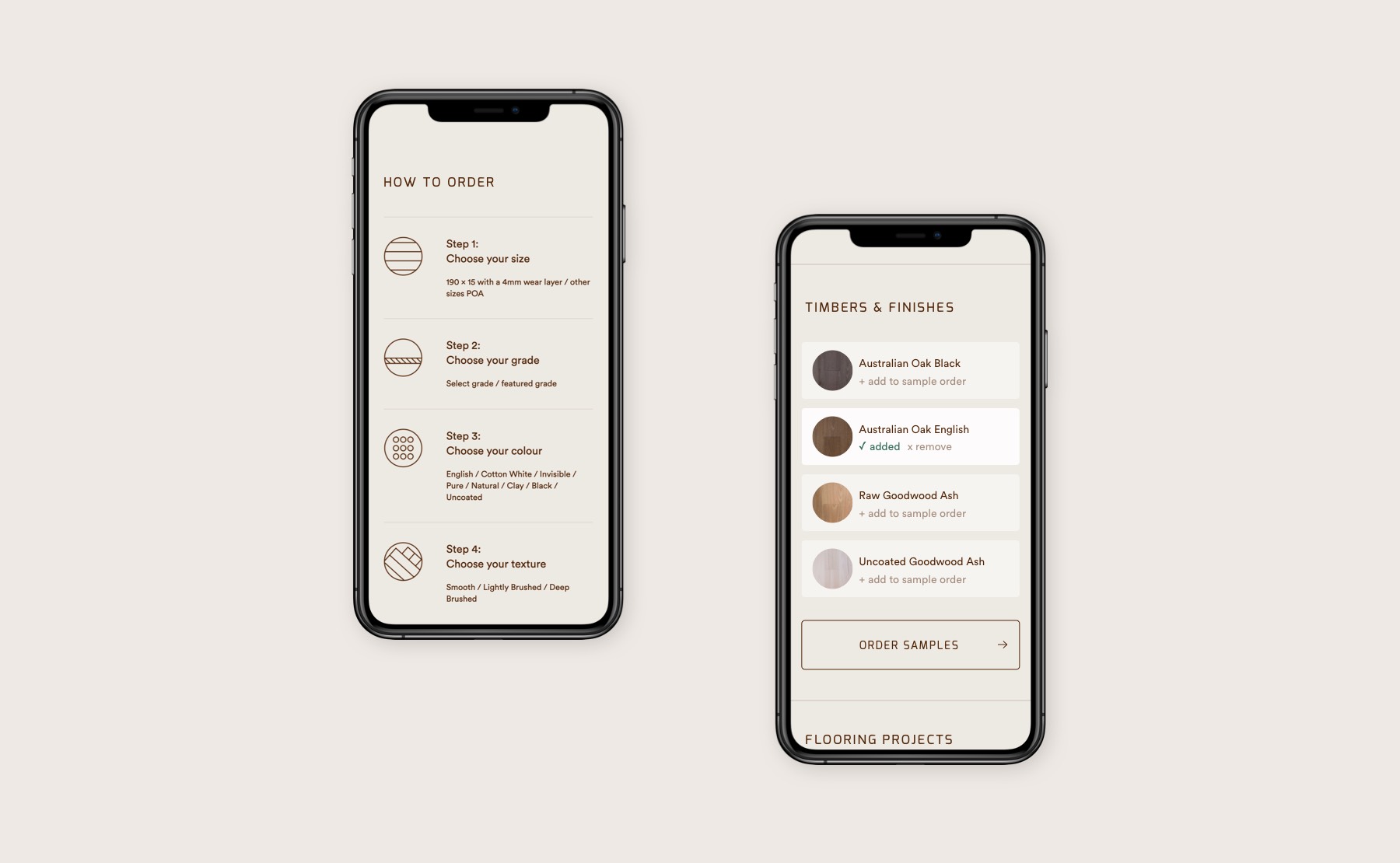 Two smartphones both displaying the Australian Sustainable Hardwood's order a sample webpage.