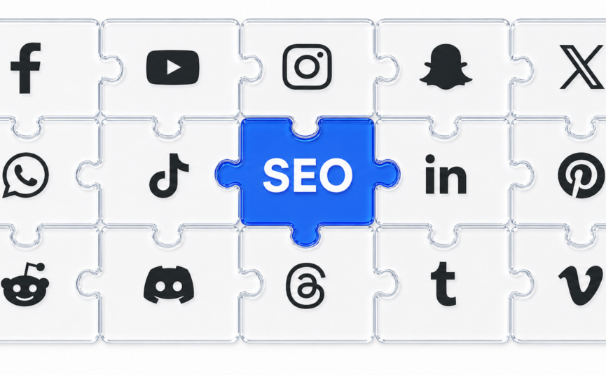 A jigsaw puzzle representation of social media helping SEO/AEO.