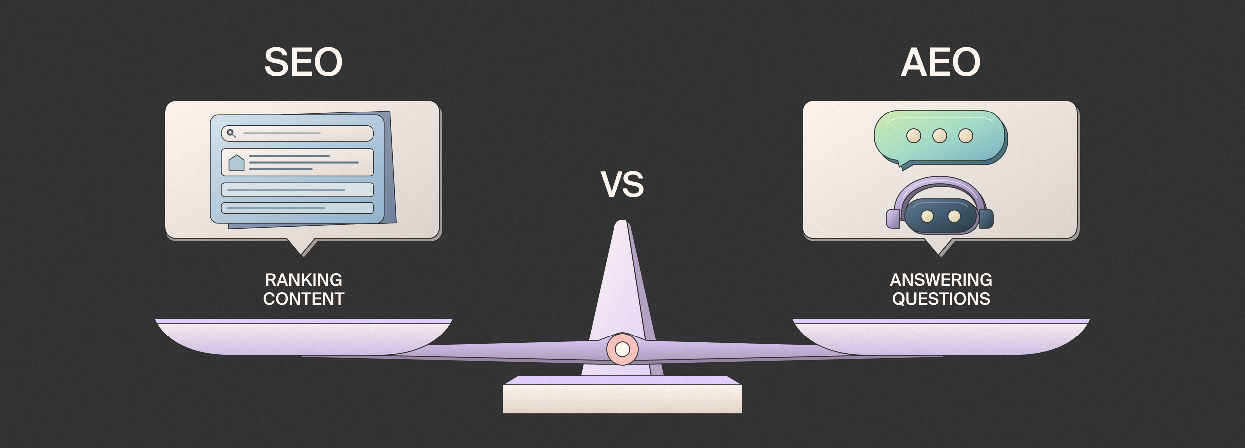 Depiction of SEO vs AEO balancing on a scale.